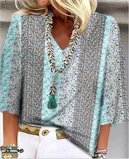 Fiona | Women's Ditsy Floral Patchwork V-Neck 3/4 Sleeve Top