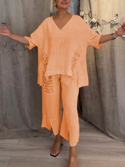 Pearl | Women's Cropped Pants & V-Neck Top Casual 2 Piece Set