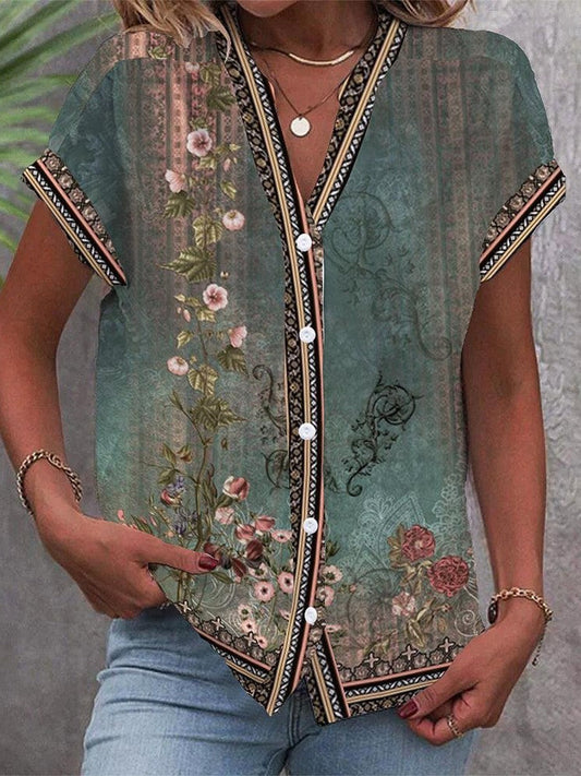 Hannah | Women's Vintage Floral Print V-Neck Button-Down Blouse