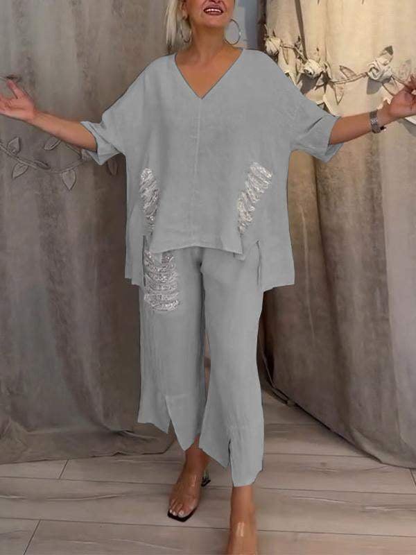 Pearl | Women's Cropped Pants & V-Neck Top Casual 2 Piece Set