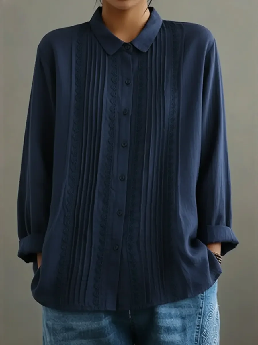 Lucy | Women's Lace Trim Button-Up Long Sleeve Blouse