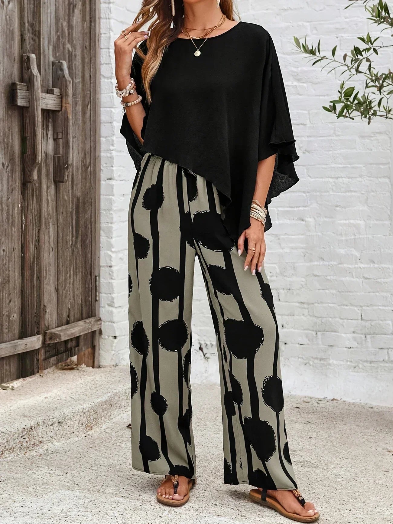 Sage | Women's Wide Leg Print Pants & Batwing Top 2 Piece Set