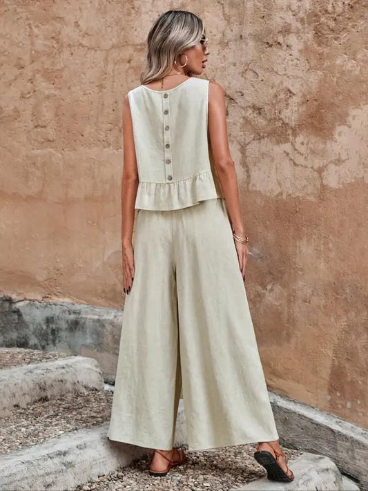 Sage | Women's Wide Leg Pants & Ruffle Sleeveless Top Set