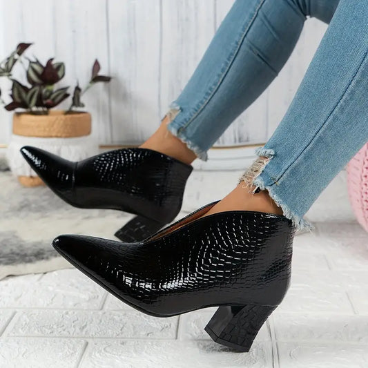 Camellia™ | Women's Textured Ankle Boots with Curved Cut and Mid Block Heel