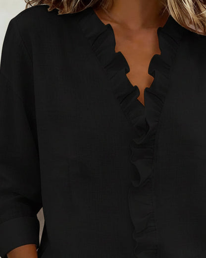 Veda | Women's Ruffle V-Neck Long Sleeve Blouse Spring Top