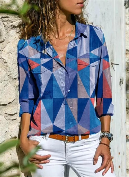 Daphne | Women's Geometric Print Long Sleeve Button Down Shirt
