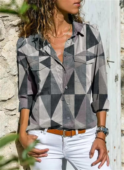 Daphne | Women's Geometric Print Long Sleeve Button Down Shirt