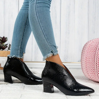 Camellia™ | Women's Textured Ankle Boots with Curved Cut and Mid Block Heel