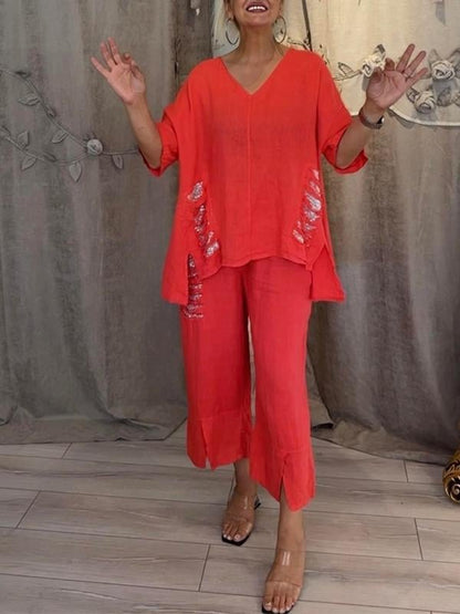 Pearl | Women's Cropped Pants & V-Neck Top Casual 2 Piece Set