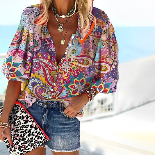 Odile | Women's Boho Paisley Print Button-Up Blouse