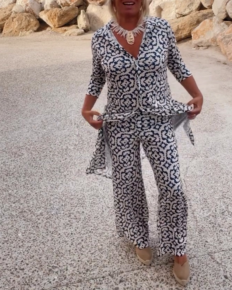 Mia | Women's Straight Pants & Longline Printed Shirt Set