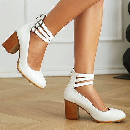 Harriet | Smooth Sandals with Ankle Strap and Thick Heel