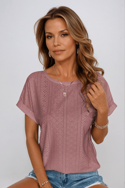Cressida | Women's Eyelet Embroidered Crew Neck Short Sleeve Top