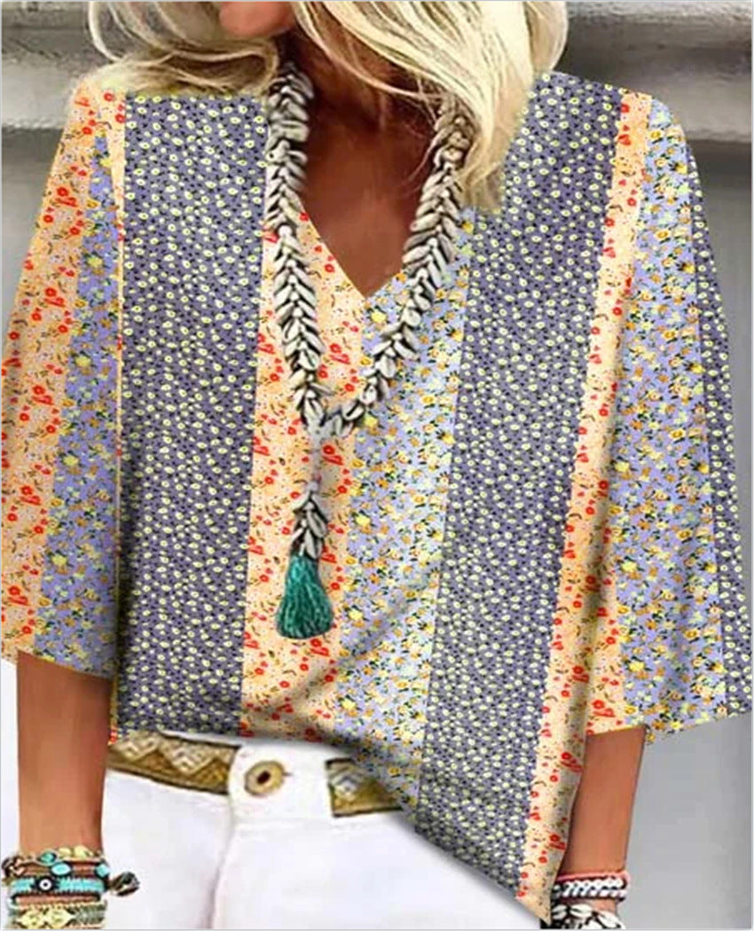 Fiona | Women's Ditsy Floral Patchwork V-Neck 3/4 Sleeve Top