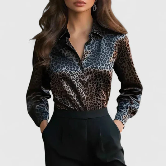 June™ | Women's Leopard Print Long Sleeve Collared Blouse