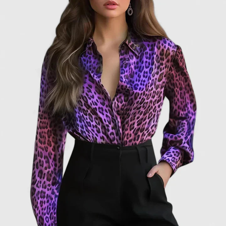 June | Women's Leopard Print Long Sleeve Collared Blouse