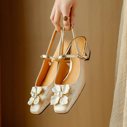 Janelle | Women's Floral Slingback Pumps Square Toe Block Heel Shoes