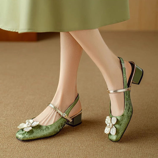 Janelle™ | Women's Floral Slingback Pumps Square Toe Block Heel Shoes