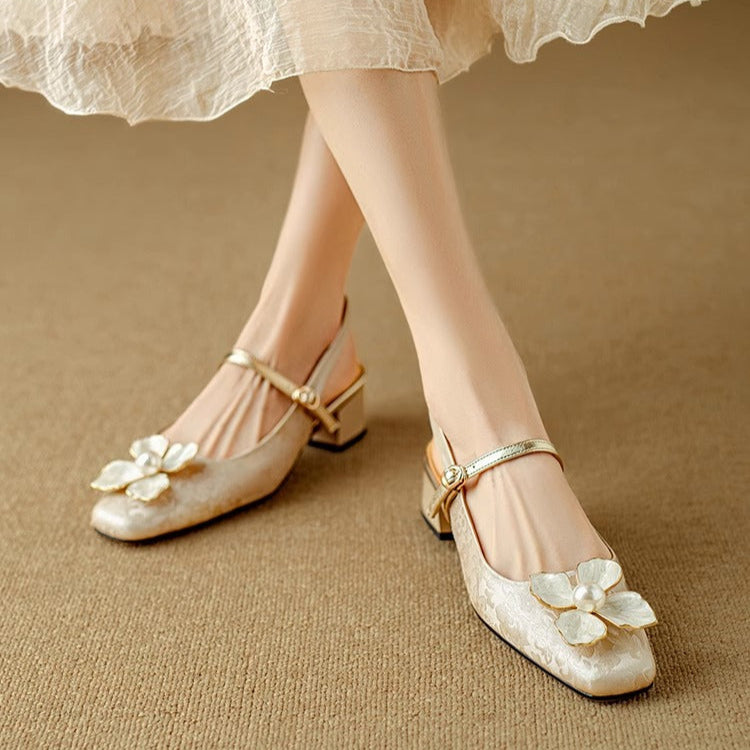 Janelle | Women's Floral Slingback Pumps Square Toe Block Heel Shoes
