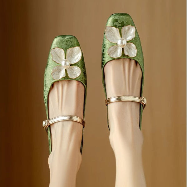 Janelle | Women's Floral Slingback Pumps Square Toe Block Heel Shoes