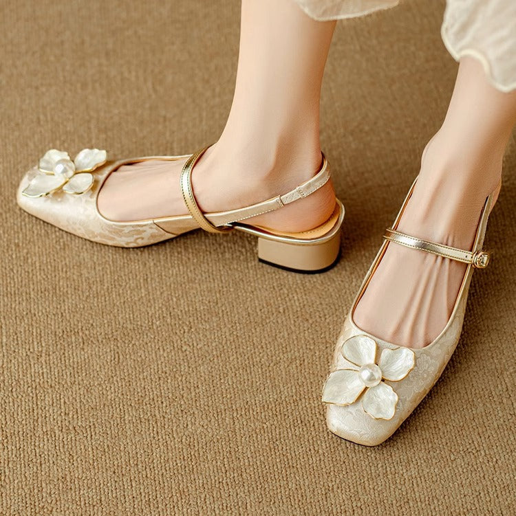 Janelle | Women's Floral Slingback Pumps Square Toe Block Heel Shoes