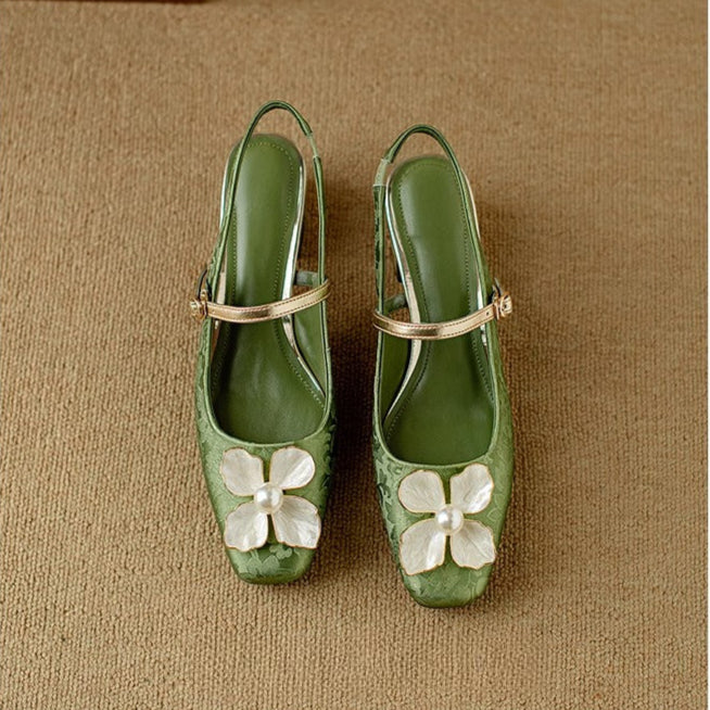 Janelle | Women's Floral Slingback Pumps Square Toe Block Heel Shoes