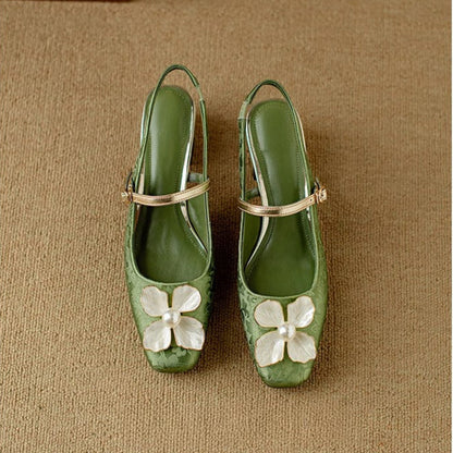 Janelle | Women's Floral Slingback Pumps Square Toe Block Heel Shoes