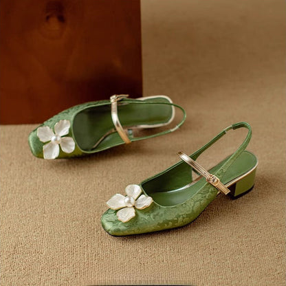 Janelle | Women's Floral Slingback Pumps Square Toe Block Heel Shoes