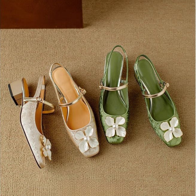 Janelle | Women's Floral Slingback Pumps Square Toe Block Heel Shoes