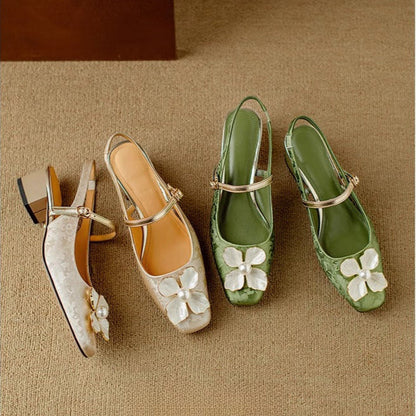 Janelle | Women's Floral Slingback Pumps Square Toe Block Heel Shoes