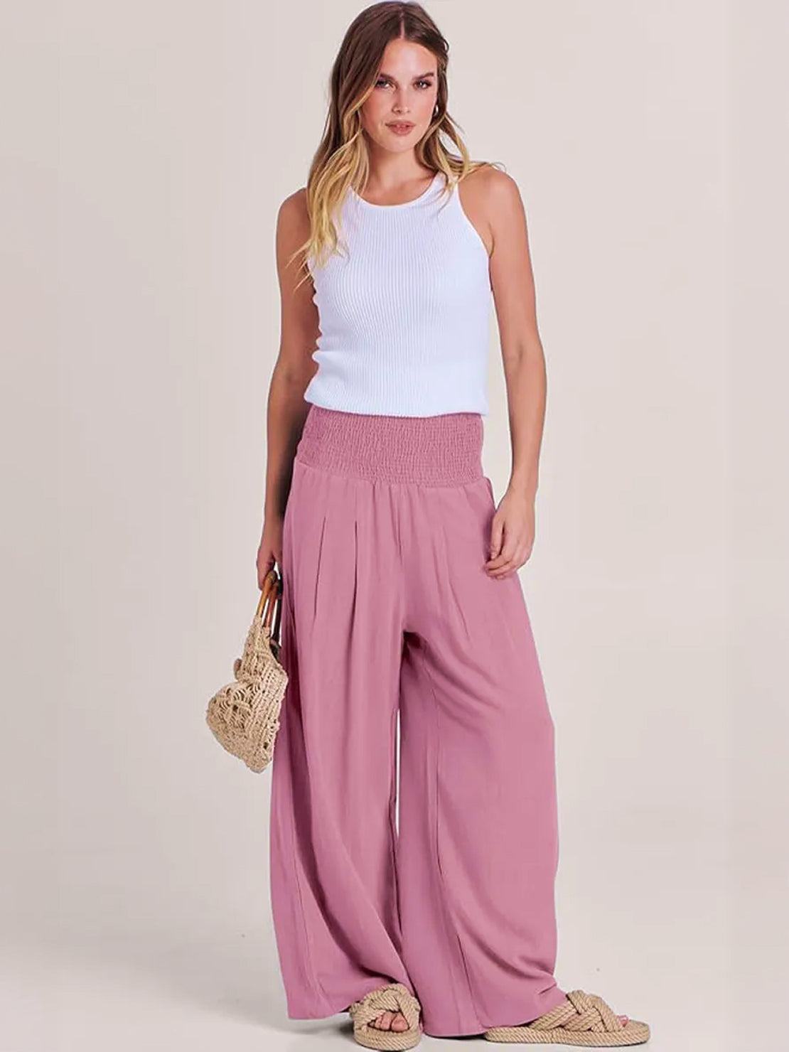 Sharnie | Women's High Waist Wide Leg Pants Smocked Waistband