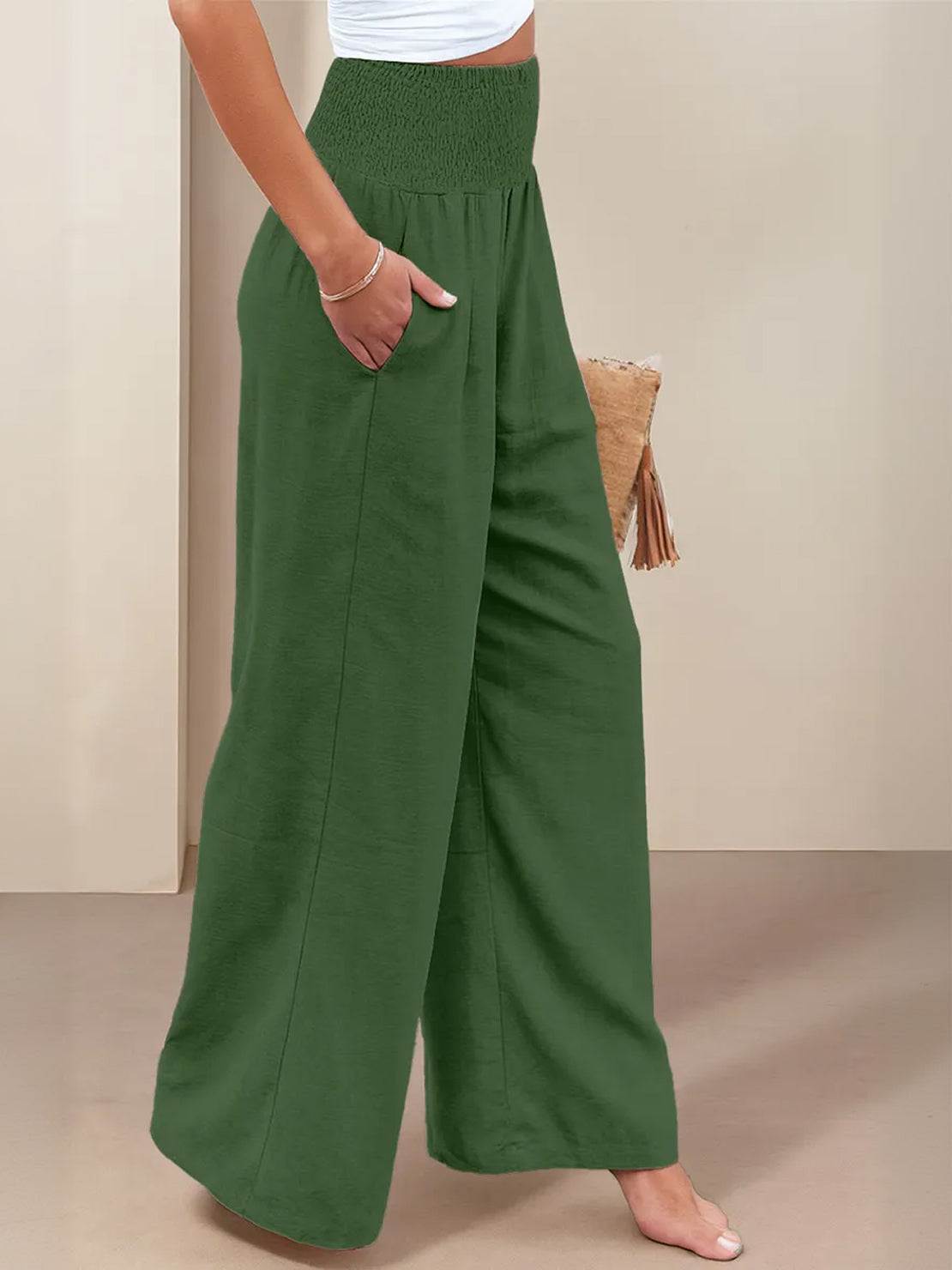 Sharnie | Women's High Waist Wide Leg Pants Smocked Waistband