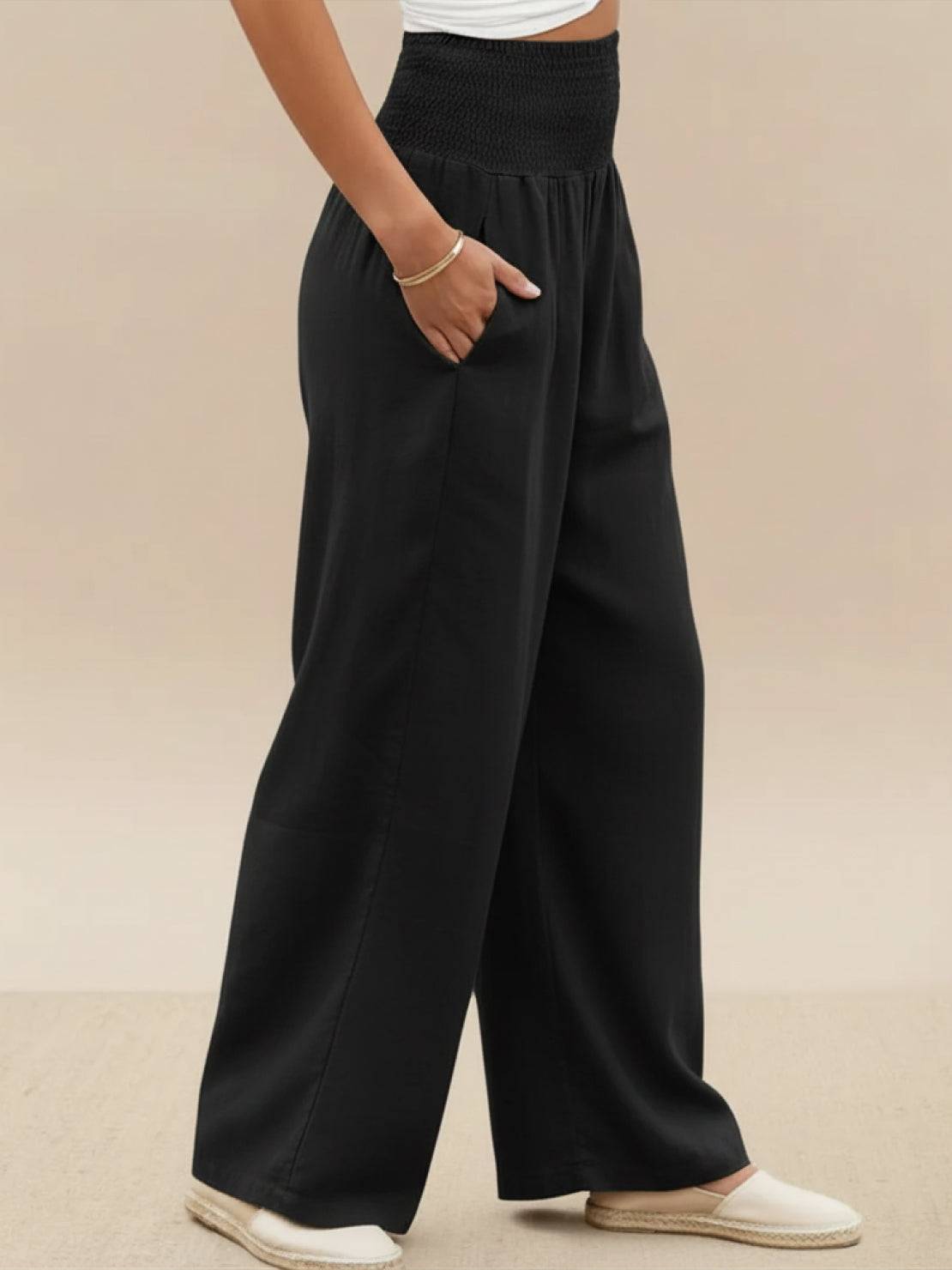 Sharnie | Women's High Waist Wide Leg Pants Smocked Waistband