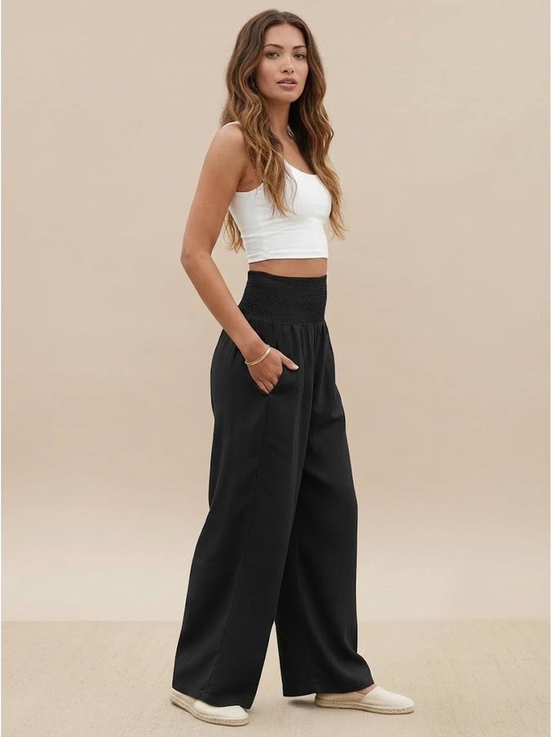 Sharnie | Women's High Waist Wide Leg Pants Smocked Waistband