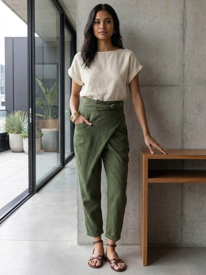 Stephanie™ | Women's High Waist Wrap Front Cropped Tapered Pants