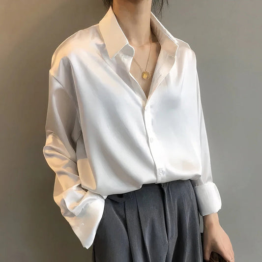 Josiane | Women's Satin Button-Down Blouse Long Sleeve Collar Shirt