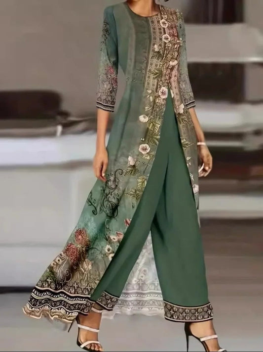 Jade | Women's Wide Leg Pants & Long Floral Top Two-Piece Set