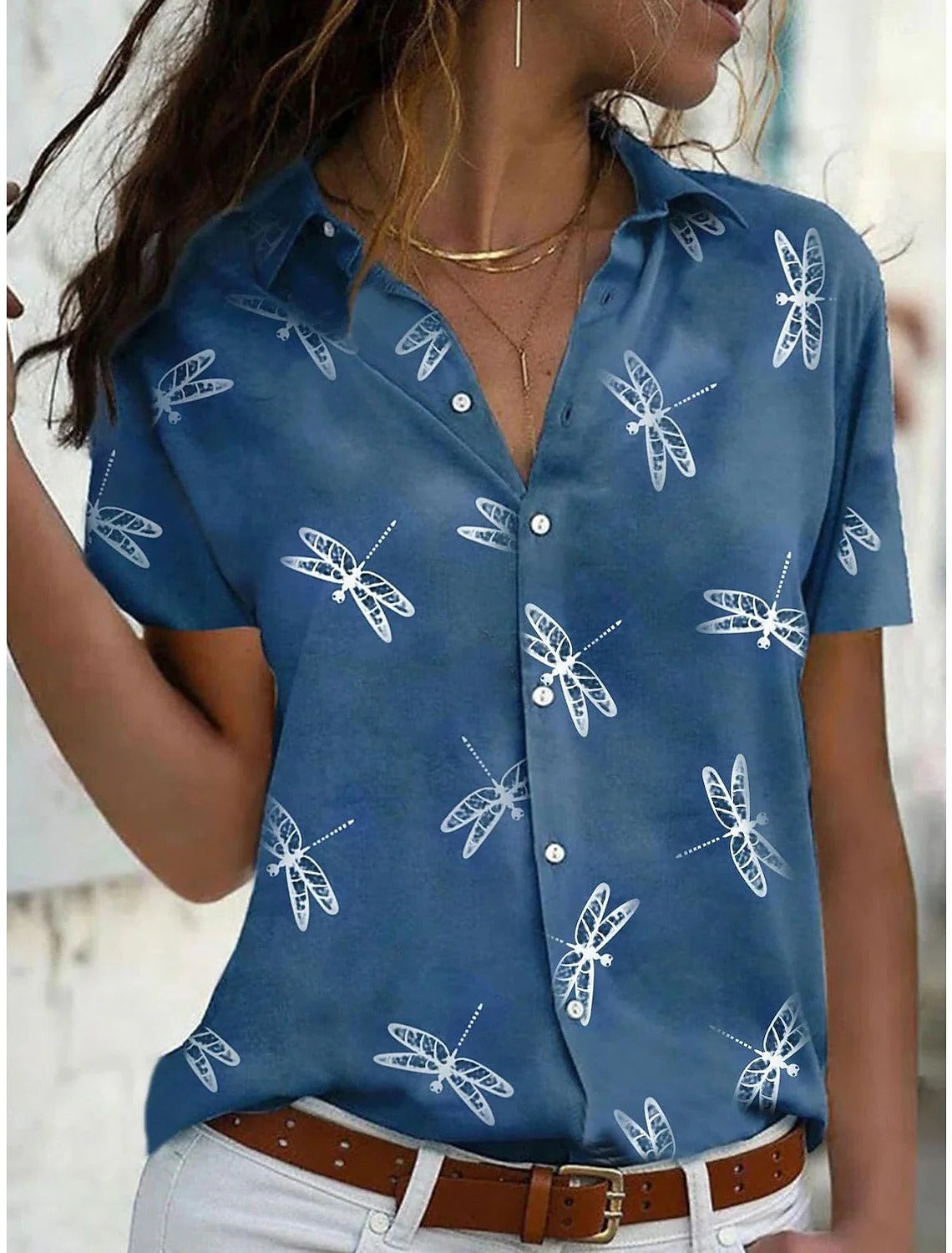 Violet | Women's Dragonfly Print Short Sleeve Button-Down Shirt Top