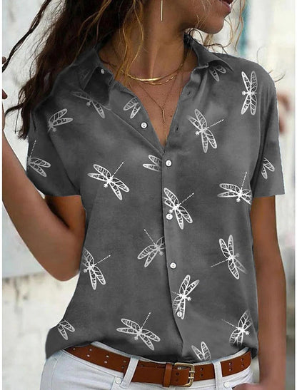 Violet | Women's Dragonfly Print Short Sleeve Button-Down Shirt Top