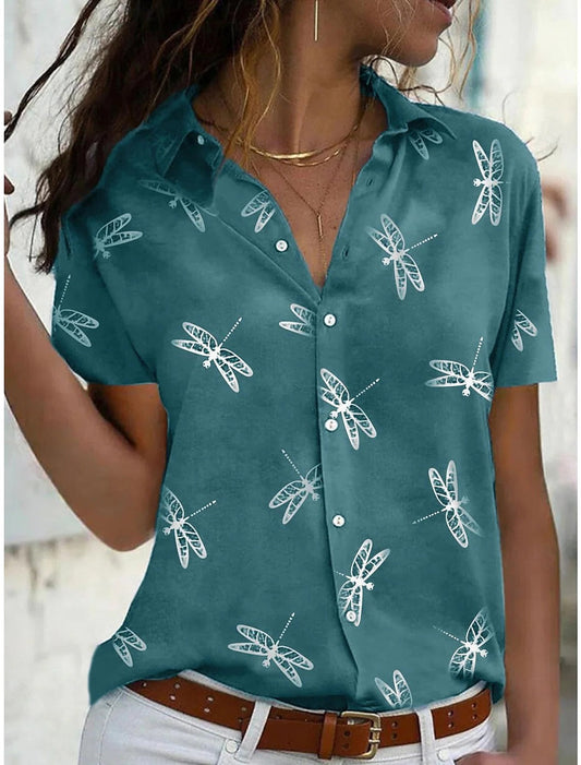 Violet | Women's Dragonfly Print Short Sleeve Button-Down Shirt Top