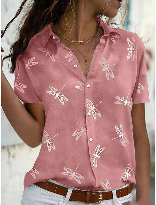 Violet | Women's Dragonfly Print Short Sleeve Button-Down Shirt Top