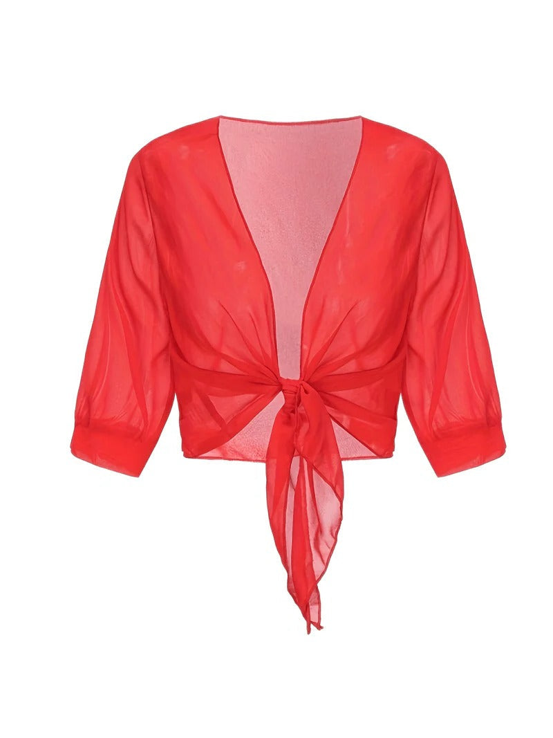 Warrah | Women's Tie Front Sheer Blouse Open Front 3/4 Sleeve Top