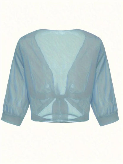 Warrah | Women's Tie Front Sheer Blouse Open Front 3/4 Sleeve Top