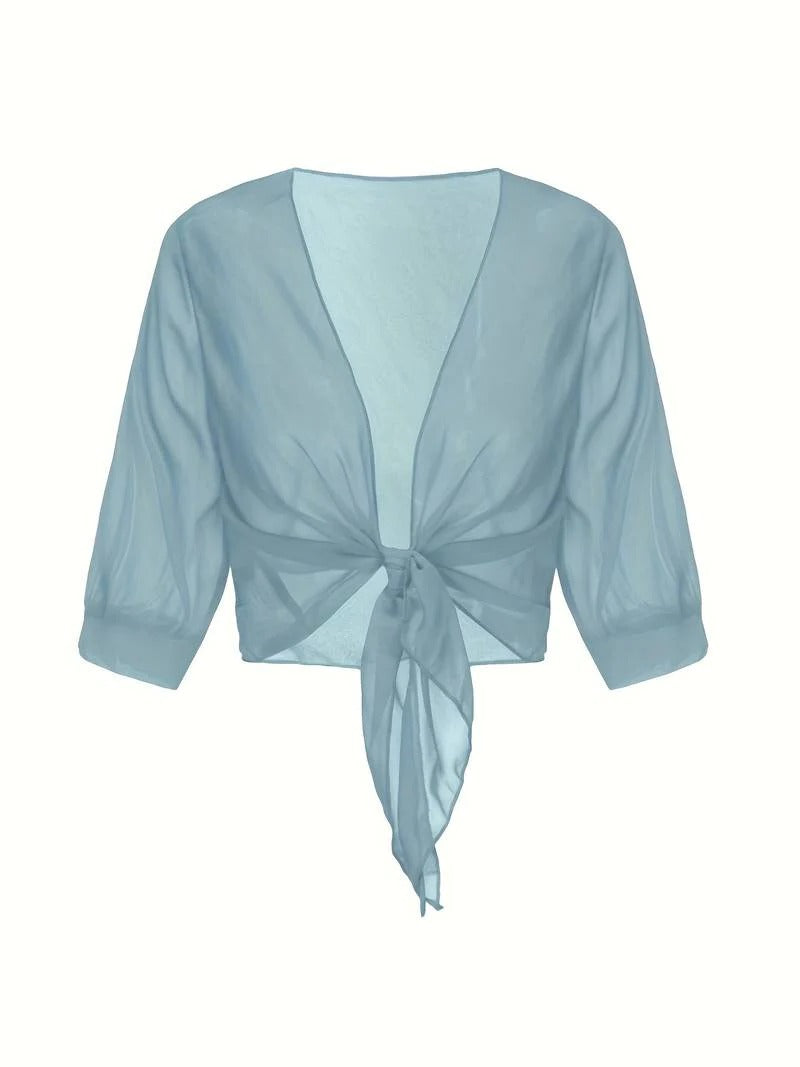 Warrah | Women's Tie Front Sheer Blouse Open Front 3/4 Sleeve Top