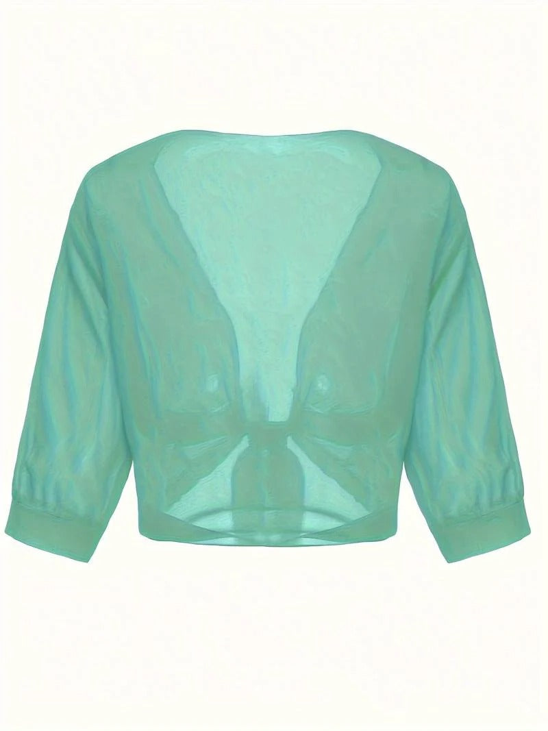 Warrah | Women's Tie Front Sheer Blouse Open Front 3/4 Sleeve Top