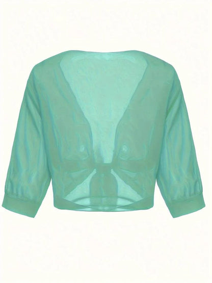 Warrah | Women's Tie Front Sheer Blouse Open Front 3/4 Sleeve Top