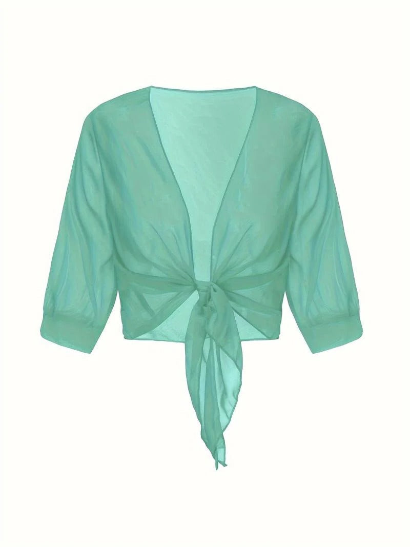 Warrah | Women's Tie Front Sheer Blouse Open Front 3/4 Sleeve Top