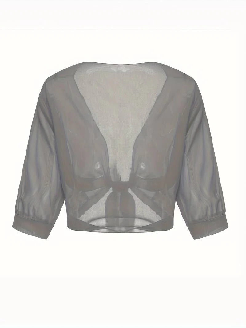 Warrah | Women's Tie Front Sheer Blouse Open Front 3/4 Sleeve Top