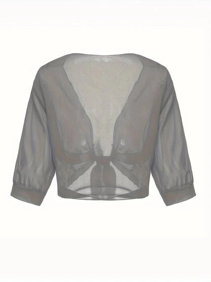 Warrah | Women's Tie Front Sheer Blouse Open Front 3/4 Sleeve Top