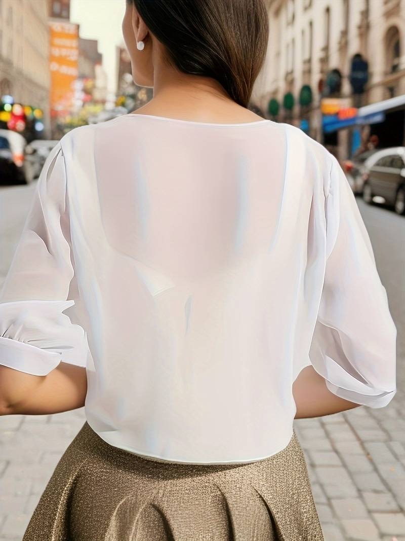 Warrah | Women's Tie Front Sheer Blouse Open Front 3/4 Sleeve Top